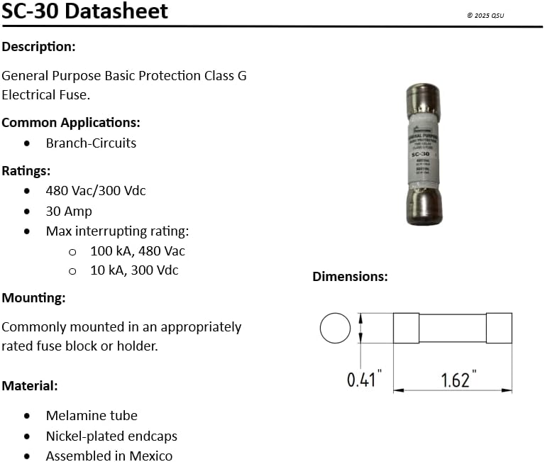 (2er-Pack) - BUSSMANN SC-30 (SC30) Sicherung 30A 480VAC/300VDC Zeitverzögert Klasse G Melaminrohr