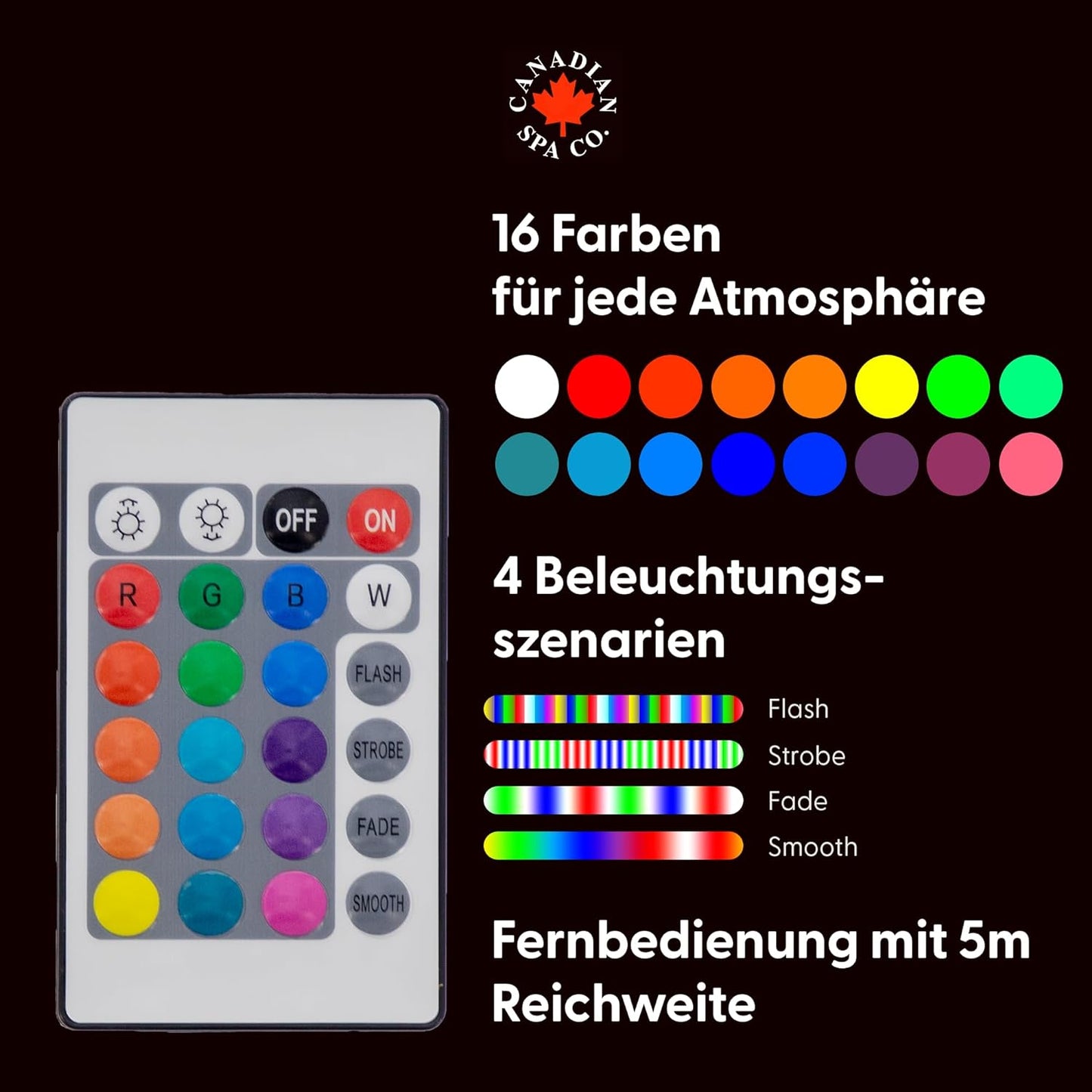 Whirlpool LED Licht mit Fernbedienung, 16 Farben, 7 Helligkeitsstufen, 4 Szenarien, 5m Reichweite, Whirlpool Zubehör