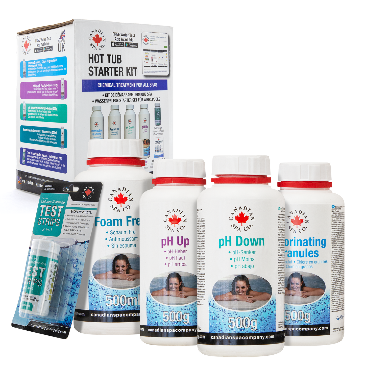 Pool Starterset Wasserpflege 5-teilig mit Chlorgranulat, Schaum Entferner, pH Heber und Senker und Teststreifen, Poolpflege Set