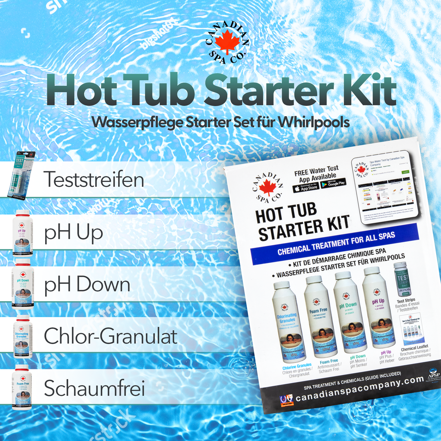 Pool Starterset Wasserpflege 5-teilig mit Chlorgranulat, Schaum Entferner, pH Heber und Senker und Teststreifen, Poolpflege Set
