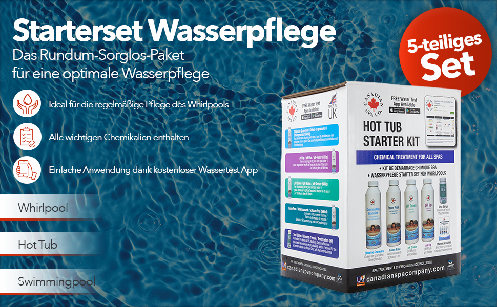 Pool Starterset Wasserpflege 5-teilig mit Chlorgranulat, Schaum Entferner, pH Heber und Senker und Teststreifen, Poolpflege Set
