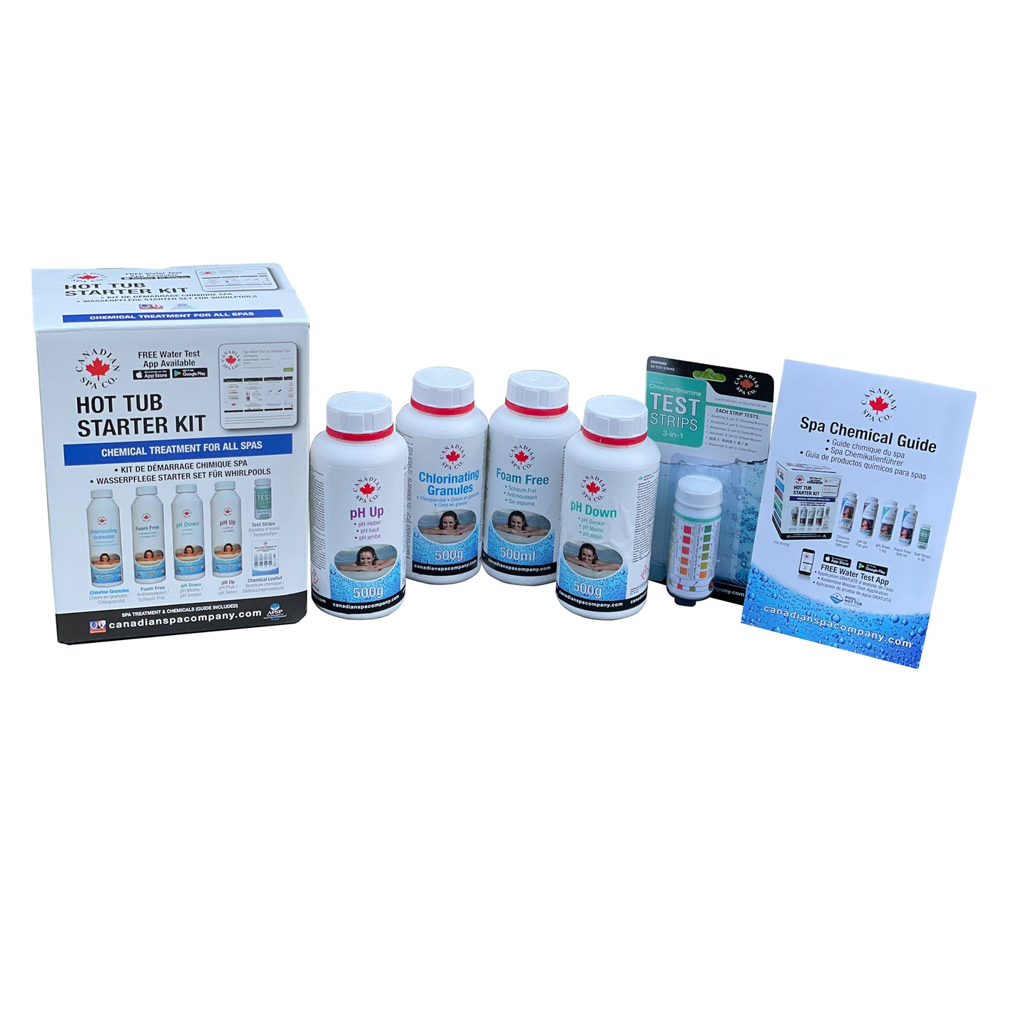 Pool Starterset Wasserpflege 5-teilig mit Chlorgranulat, Schaum Entferner, pH Heber und Senker und Teststreifen, Poolpflege Set