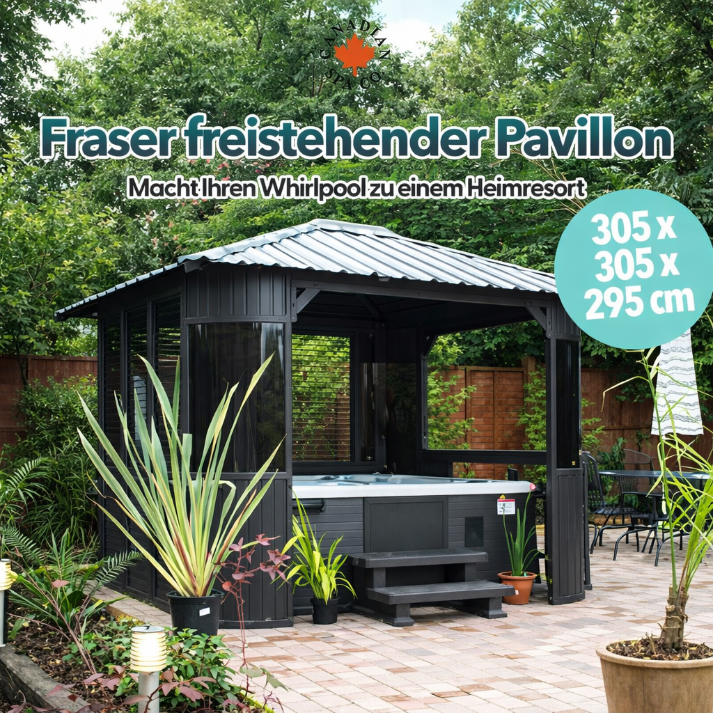 Freistehender Fraser Pavilion von Canadian Spa Company mit integriertem Whirlpool im Garten, schwarzes Metallpavillon mit Dach, umgeben von Pflanzen und gepflasterter Terrasse.