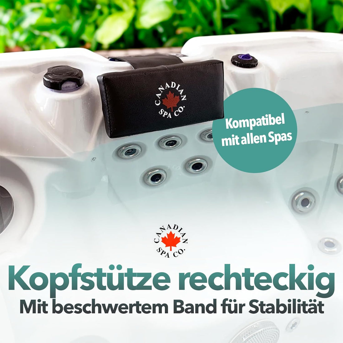 Universelle Whirlpool-Kopfstütze rechteckig mit beschwertem Band für sicheren Halt im Spa.