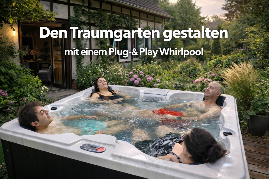 Vier Personen entspannen in einem Plug-&-Play Whirlpool im grünen Garten eines Einfamilienhauses; stimmungsvolle Bepflanzung und Holzterrasse schaffen eine ruhige Wohlfühlatmosphäre.