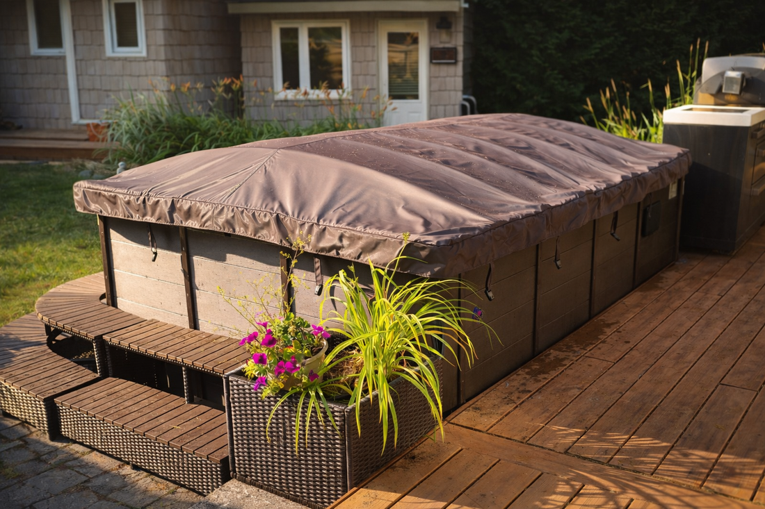 Swim Spa mit geschlossener Rolloabdeckung auf moderner Holzterrasse im Garten, stilvoll integriert und bereit für die tägliche Nutzung