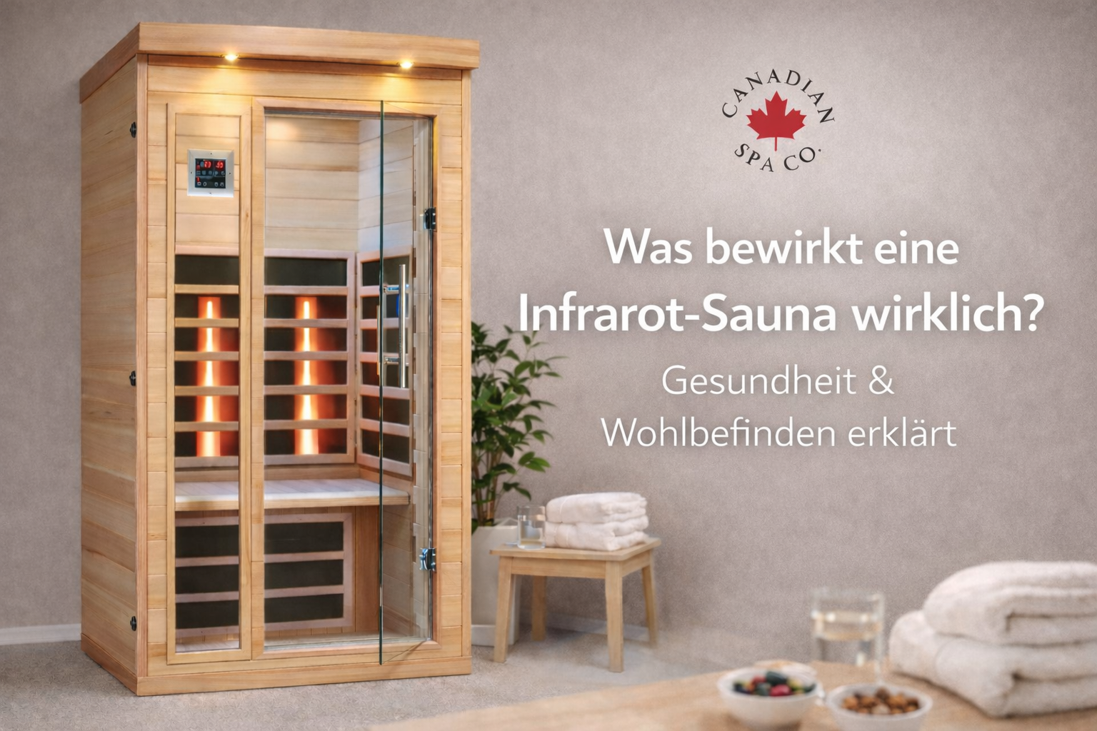Modern infrared sauna in light wood with glass front in a relaxed wellness setting