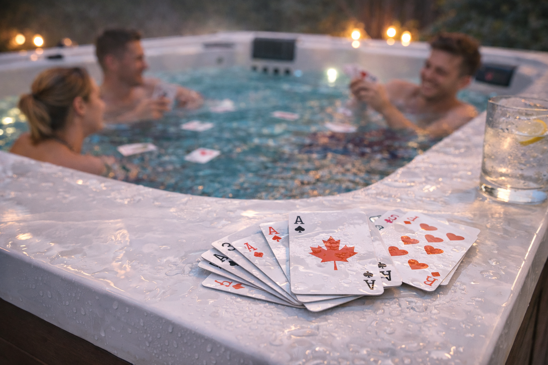 Wasserfeste Spielkarten liegen auf dem glänzend weißen Rand eines Canadian-Spa-Whirlpools, während im Hintergrund Freunde entspannt im warmen Wasser Karten spielen.