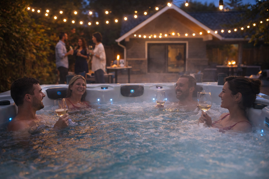 Abendliches Gartenfest mit Outdoor-Whirlpool: Vier Personen entspannen im sprudelnden Spa und stoßen mit Getränken an, während im Hintergrund Gäste unter Lichterketten auf der Terrasse feiern. Luxuriöse Gartenatmosphäre für Familie und Freunde.