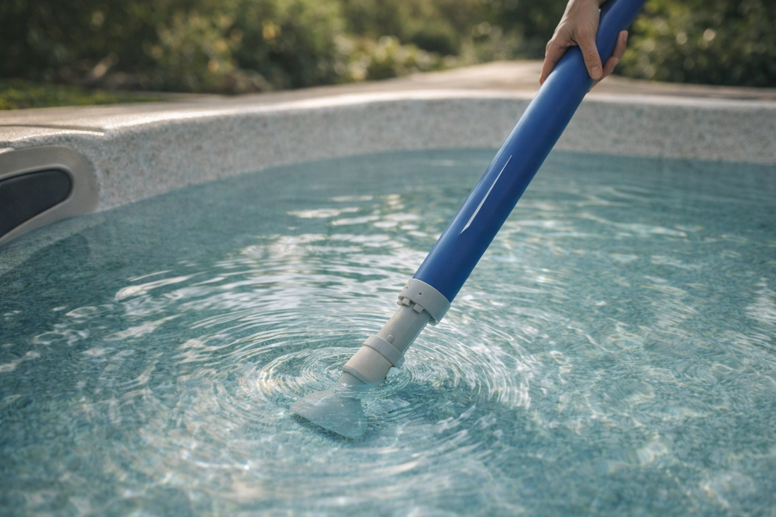 Handgeführter Whirlpool-Sauger im Einsatz, der unter Wasser den Beckenboden reinigt und feine Schmutzpartikel aus klarem Whirlpoolwasser entfernt.