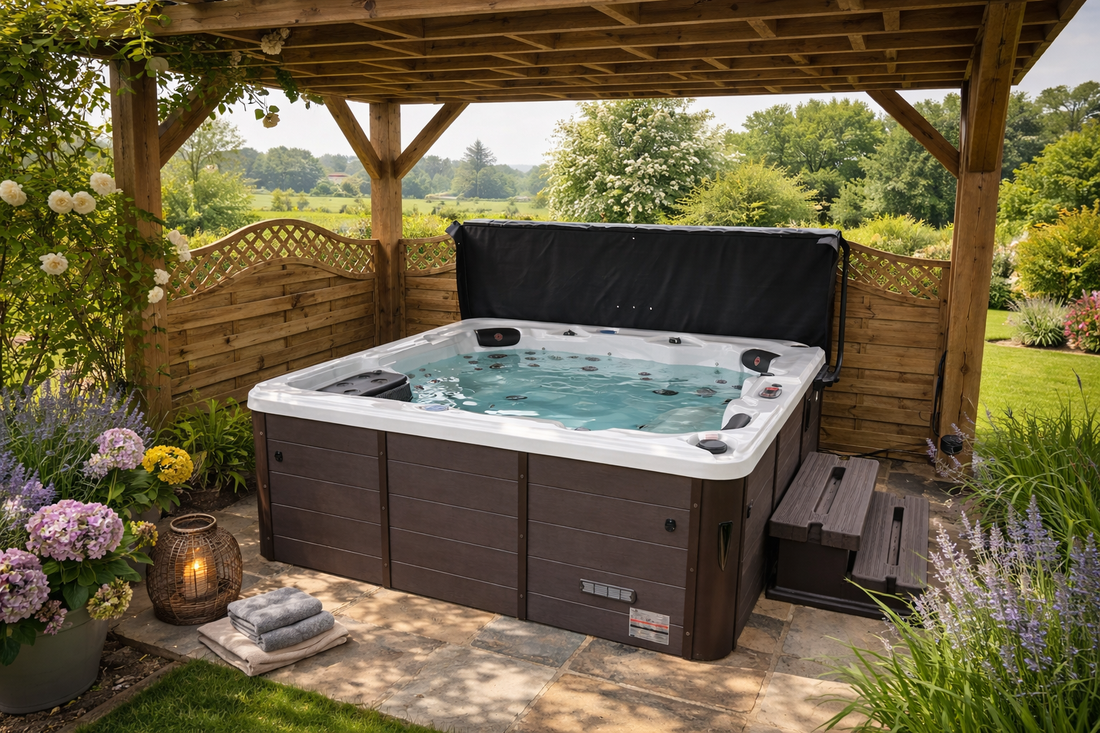 Outdoor Whirlpool Toronto in einem Garten mit Holzterrasse – stilvoller Rückzugsort für entspannte Wellness-Momente im Außenbereich