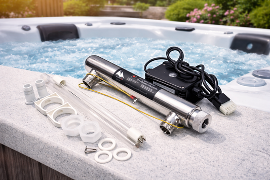 UV-Wasseraufbereitungssystem von Canadian Spa Company neben einem laufenden Whirlpool.