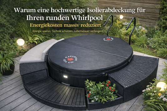 Hochwertige runde Whirlpool Isolierabdeckung von Canadian Spa zur Energieeinsparung und Wärmedämmung im Außenbereich