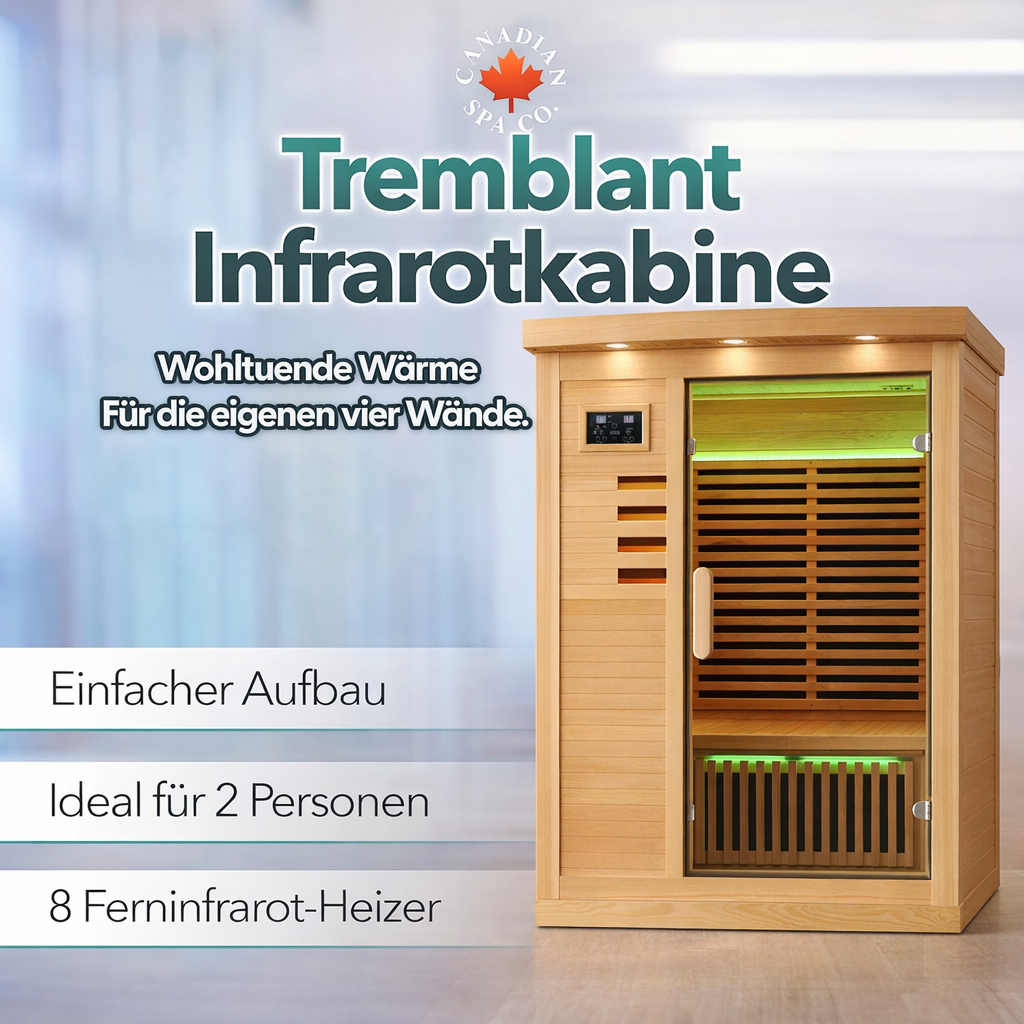 Tremblant Infrarotkabine aus hellem Holz mit Glastür, digitalem Bedienfeld und grüner LED-Innenbeleuchtung – moderne Infrarotsauna für zwei Personen von Canadian Spa Company.