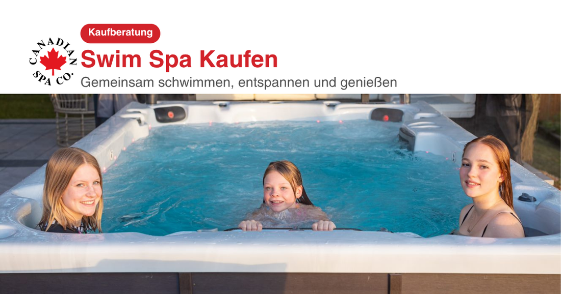 Familie genießt gemeinsame Zeit in einem Canadian Spa Swim Spa im Garten