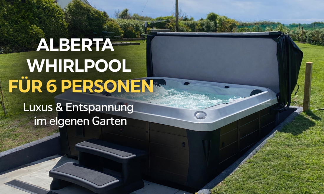 Canadian Spa Company Alberta Whirlpool für 6 Personen im Garten mit geöffnetem Whirlpooldeckel