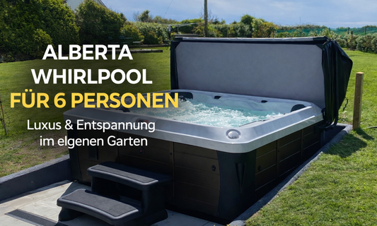 Canadian Spa Company Alberta Whirlpool für 6 Personen im Garten mit geöffnetem Whirlpooldeckel