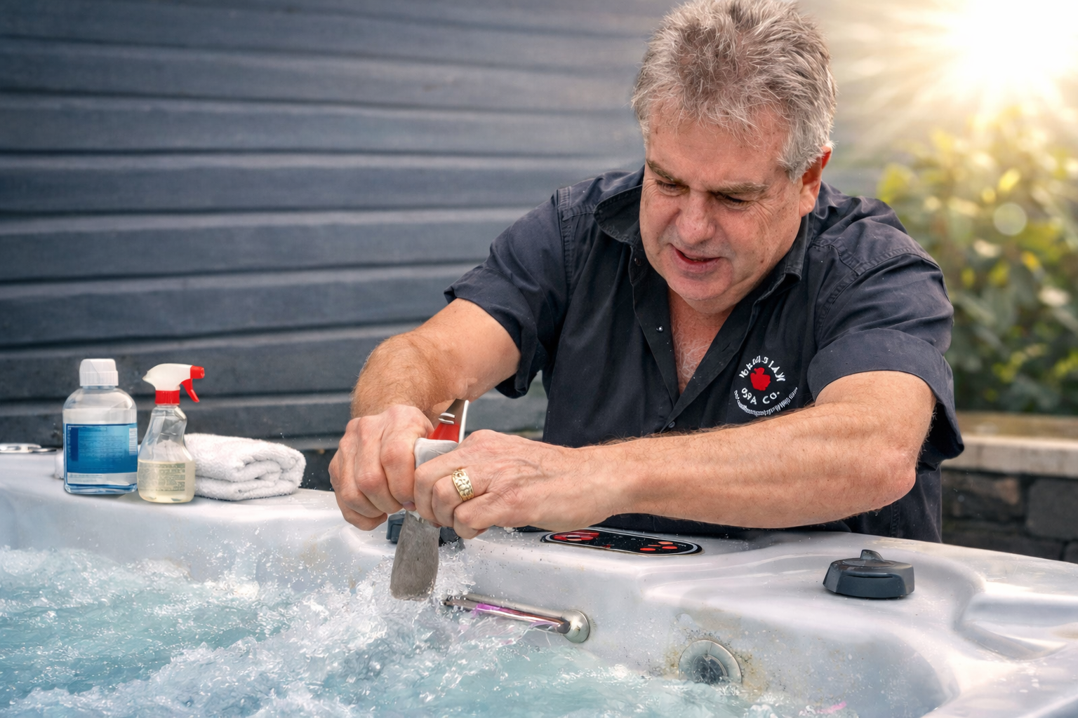 Hot tub being cleaned with surface cleaner and Spa Flush bottle for thorough hot tub maintenance
