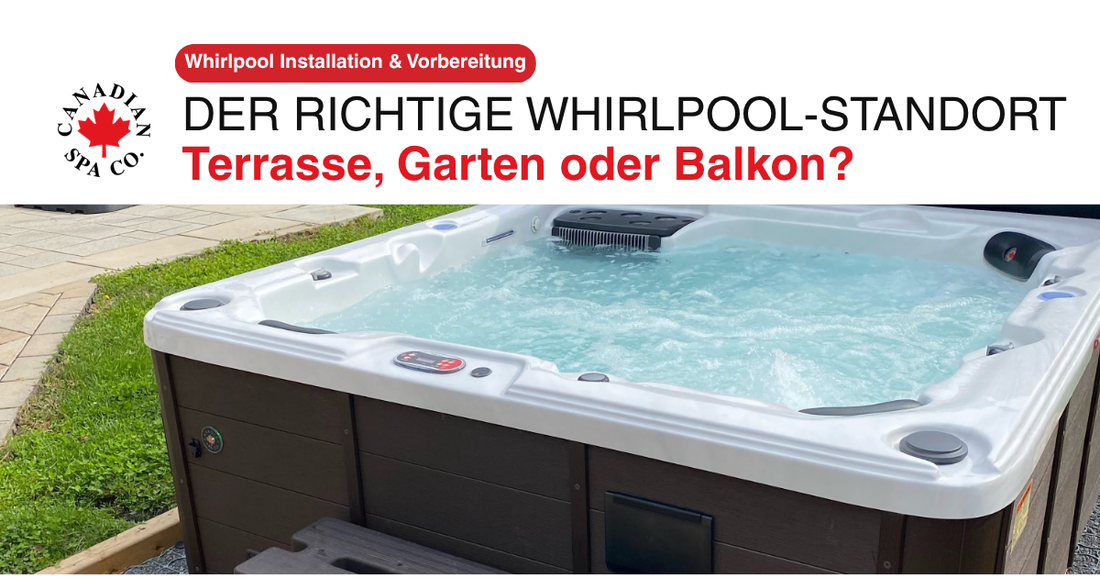 Canadian Spa Whirlpool auf einer ebenen Terrasse im Garten als Beispiel für einen gut vorbereiteten Aufstellort