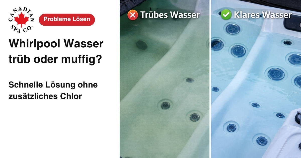 Cloudy hot tub water compared to clear water after a chlorine-free shock treatment