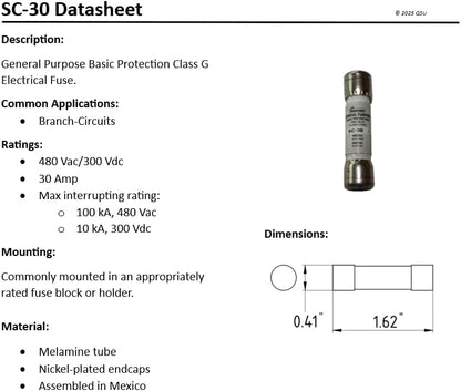 (2er-Pack) - BUSSMANN SC-30 (SC30) Sicherung 30A 480VAC/300VDC Zeitverzögert Klasse G Melaminrohr