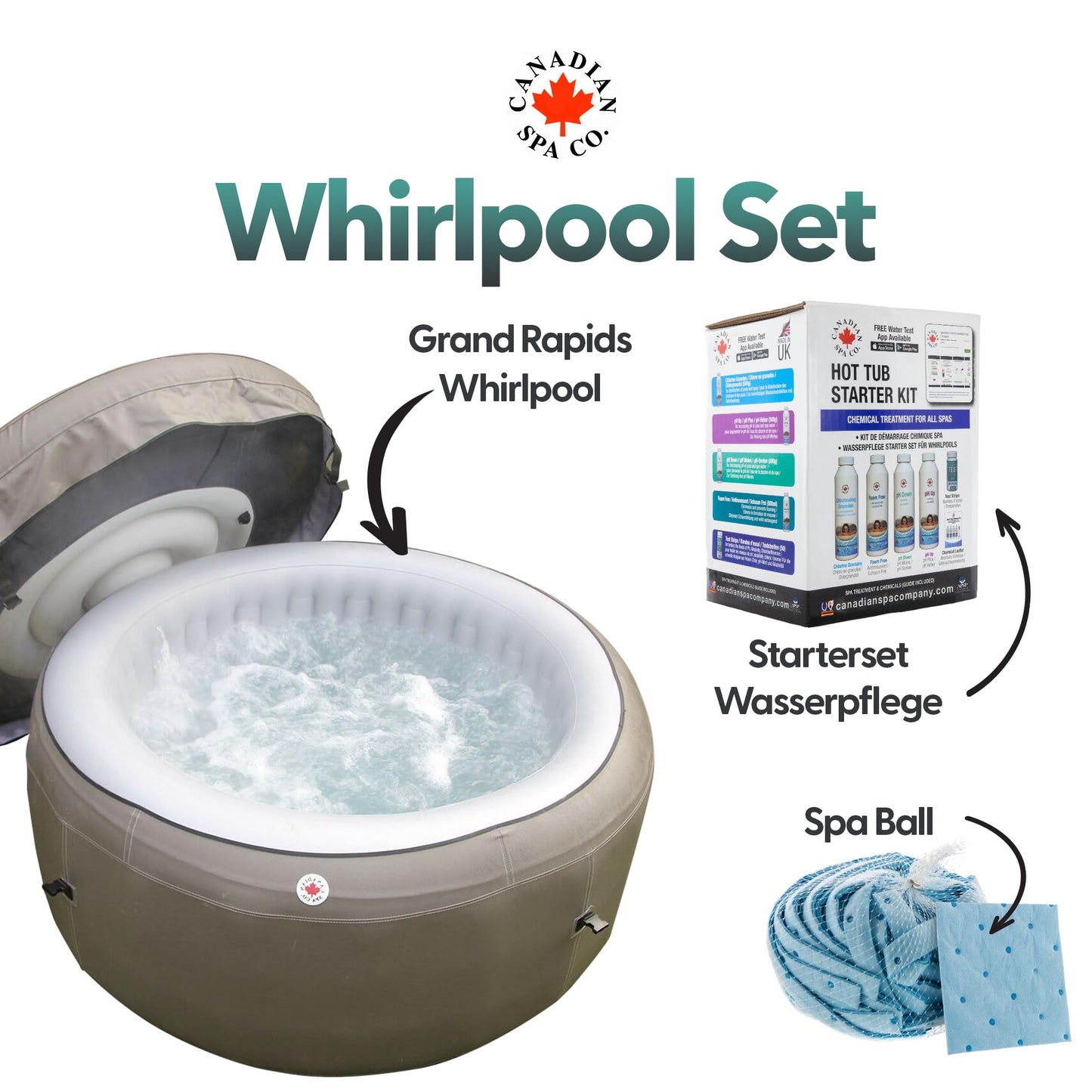 CANADIAN SPA CO. Pool Set mit Grand Rapids Whirlpool aufblasbar, Starterset Wasserpflege und Spa Ball ölabsorbierend