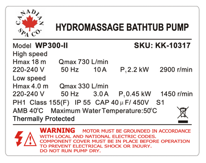2PS Massage Pump 2 Speed WP200-II 1500W/350W Whirlpool Pump (2 x 2 Zoll)