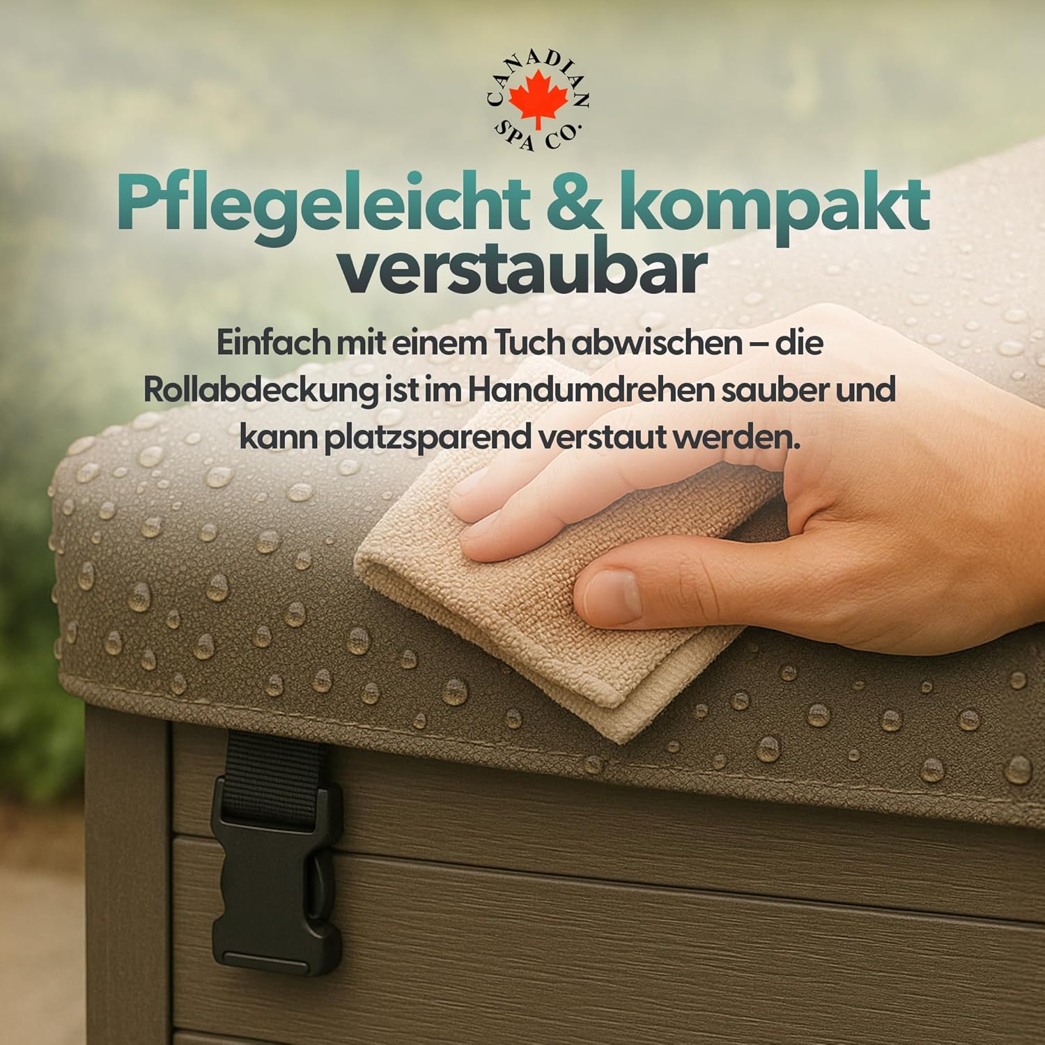 Pflegeleichte Rollo-Abdeckung für Swim Spa – eine Person wischt die wasserabweisende Oberfläche mit einem Tuch ab, kompakt und platzsparend verstaubar