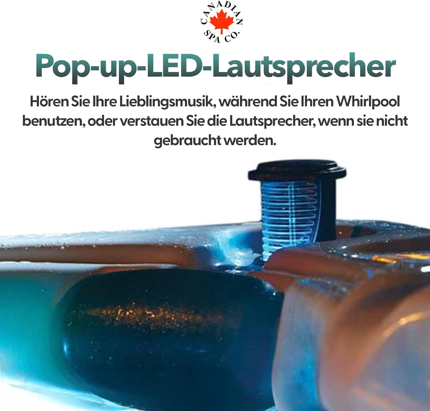 Pop-up-LED-Lautsprecher im Whirlpool von Canadian Spa Company, ausgefahren mit blauer Beleuchtung zur Musikwiedergabe während der Nutzung.