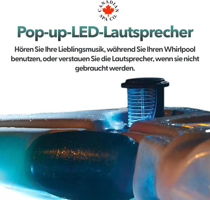 Pop-up-LED-Lautsprecher im Whirlpool von Canadian Spa Company, ausgefahren mit blauer Beleuchtung zur Musikwiedergabe während der Nutzung.
