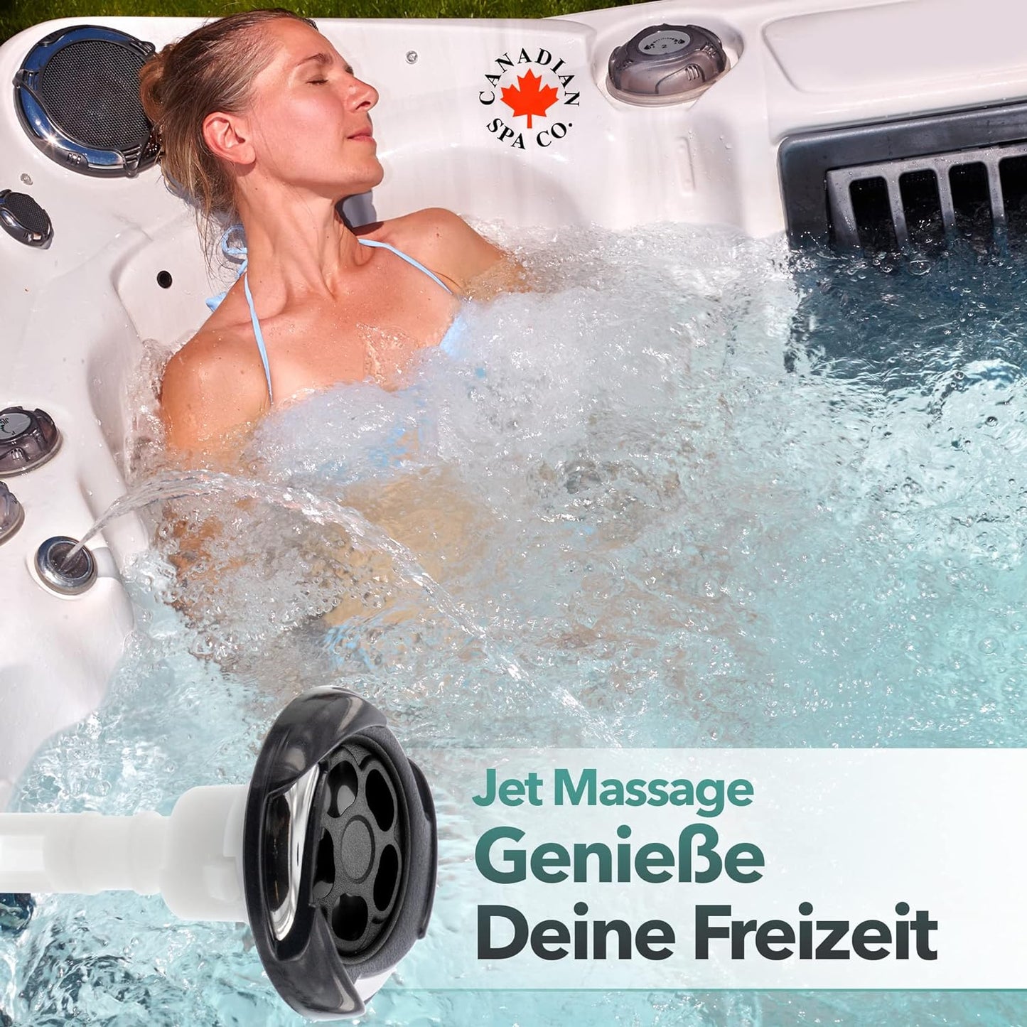 Frau entspannt im Winnipeg UV Outdoor Whirlpool mit leistungsstarker Jet Massage und Hydrotherapie-Düsen von Canadian Spa Company für Wellness und Freizeit im Garten