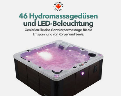 Erie AI Whirlpool | 6-Personen Luxus-Whirlpool mit 46 Düsen | 213 x 213 cm LED-Beleuchtung, integriertes Bluetooth, Aromatherapie-Kanister und Glacier-Filterung