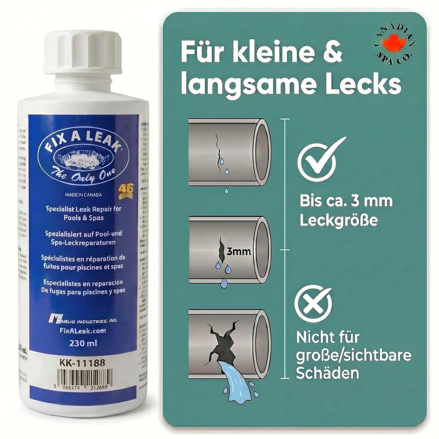 Infografik für Fix A Leak Whirlpool-Dichtmittel mit Darstellung kleiner und langsamer Lecks bis 3 mm sowie Hinweis, dass das Produkt nicht für große sichtbare Schäden geeignet ist.