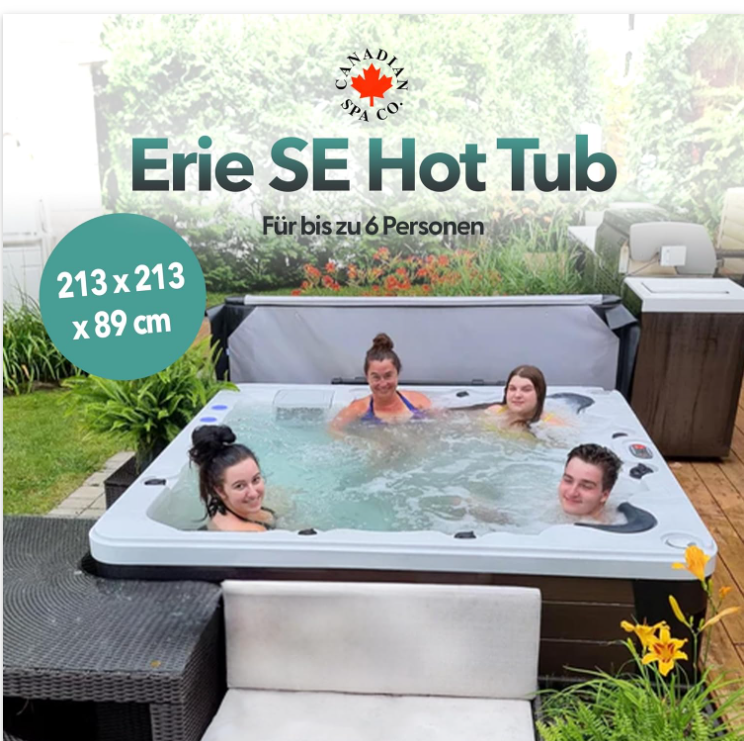 Erie AI Whirlpool | 6-Personen Luxus-Whirlpool mit 46 Düsen | 213 x 213 cm LED-Beleuchtung, integriertes Bluetooth, Aromatherapie-Kanister und Glacier-Filterung