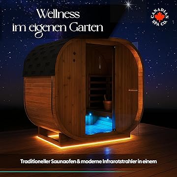 CANADIAN SPA CO. Luxus-Fasssauna, hybride Sauna mit Infrarotkabine und elektrischem Saunaofen, 1842 x 1200 x 1945 mm, Dampfsauna für zuhause aus erstklassigem Fichtenholz