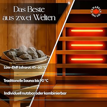 CANADIAN SPA CO. Luxus-Fasssauna, hybride Sauna mit Infrarotkabine und elektrischem Saunaofen, 1842 x 1200 x 1945 mm, Dampfsauna für zuhause aus erstklassigem Fichtenholz