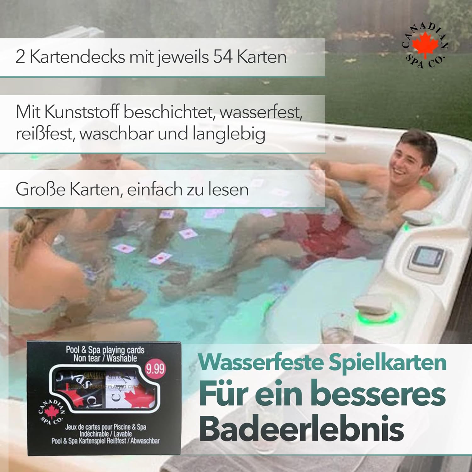 Wasserfeste Spielkarten im Whirlpool während eines Spa-Abends