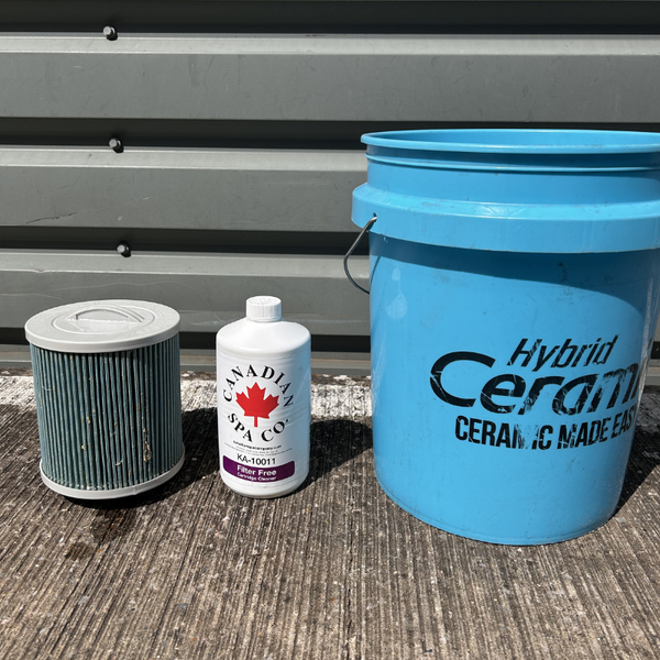 Canadian Spa Filter Cleaner with hot tub filter cartridge and bucket ready for soaking