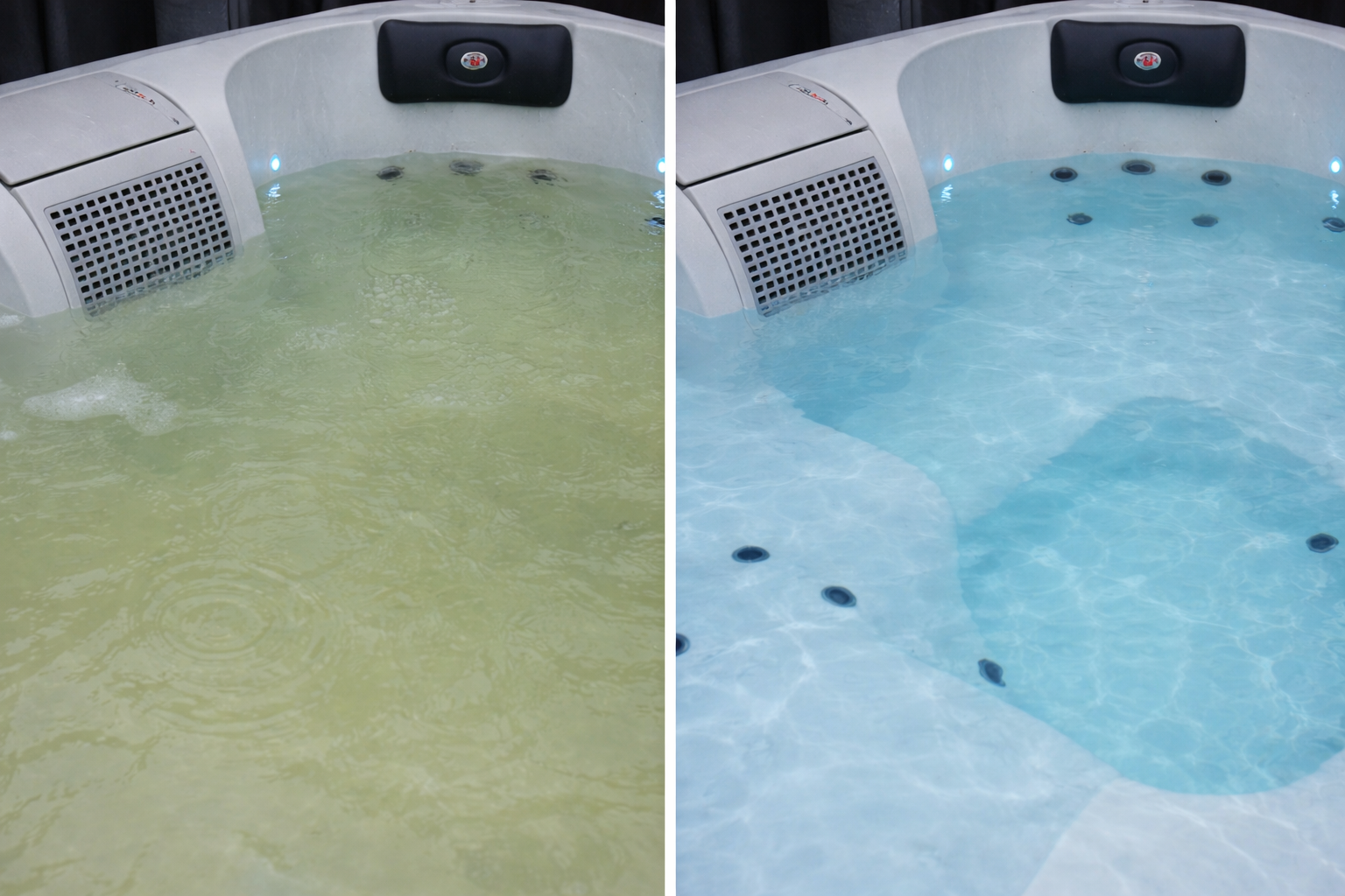 Side-by-side comparison of cloudy yellow-green hot tub water and crystal-clear water after proper water care