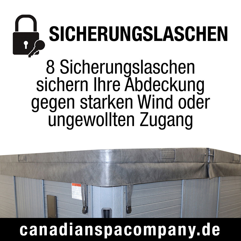 Whirlpoolabdeckung mit 8 Sicherungslaschen – Schutz gegen starken Wind und ungewollten Zugriff von Canadian Spa