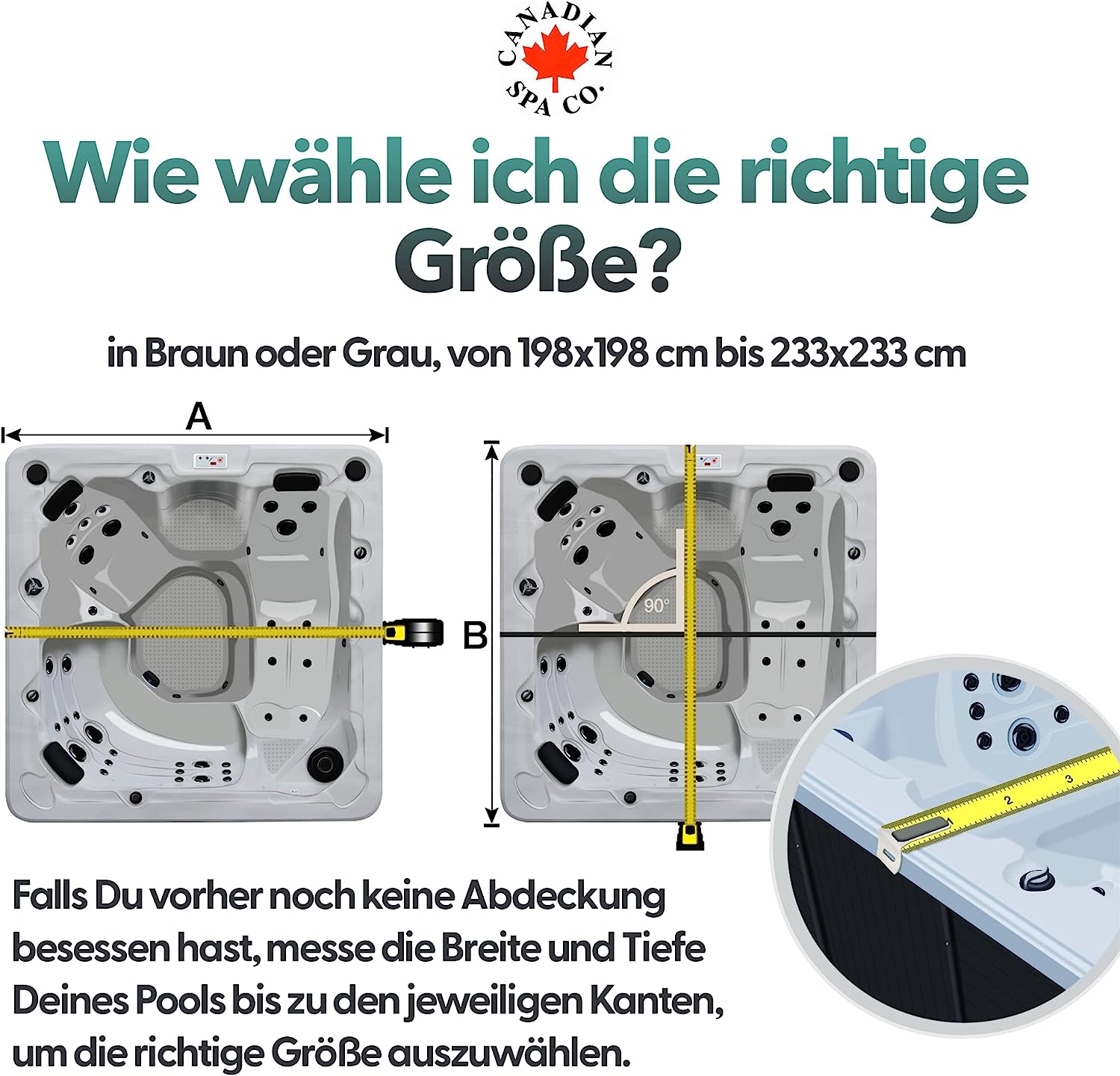 Whirlpoolabdeckung richtig messen – Größenauswahl von 198x198 bis 233x233 cm in Braun oder Grau von Canadian Spa